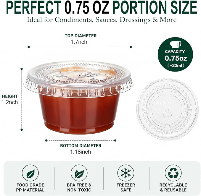 Bokon 2500 Sets 0.75 oz Clear Plastic Portion Cups with Lids Condiment and Dipping Sauce Container Salad Dressing Container Airtight and Stackable Souffle Cups for Lunch, Party, Trips
