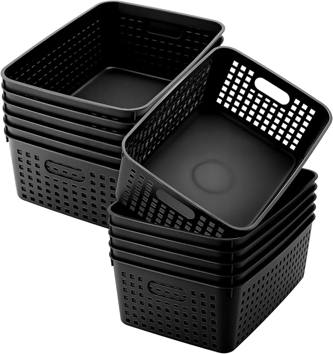 Lineshading 12 Pack Plastic Storage Baskets for Organizing, Black | 13 x 10'' Large Plastic Storage Baskets Bins with Grip Handles, Stackable Mesh for Cabinets, Desktops, Shelves, Home & Office