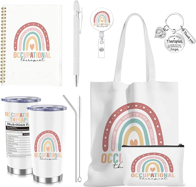 7 Pcs Occupational Therapy Appreciation Gifts Graduation OT Gifts | Flower Canvas Tote Bag Makeup Bag Tumbler Mug OT Spiral Journal Notebook Ballpoint Pen Badge And Keychain