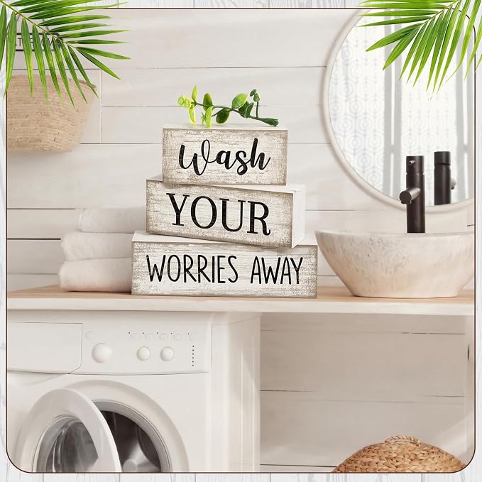 Moucuny 3 Pcs Laundry Room Decor Wood Block Signs Wash Your Worries Away