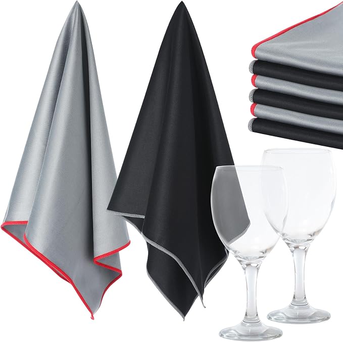 VitalCozy 6 Pcs Polishing Cloths for Wine Glass, Black, Gray | Microfiber, 25 x 20 Inch, Lintless Performance, Towels Drying, Window, Stemware, Dishes, Glassware, Professional Finish
