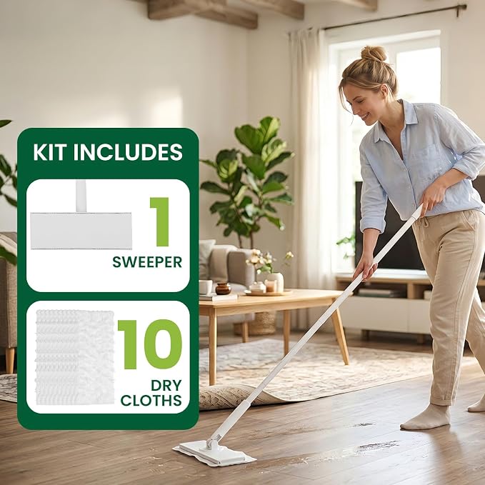 Flat Wet Dry Floor Mop with 10 Disposable Mop Pads, 360° Rotating | Includes 1 Sweeper Handle, 10 Disposable Power Mop Pads, Dry & Wet Use for Hardwood, Tile, and Laminate Floor