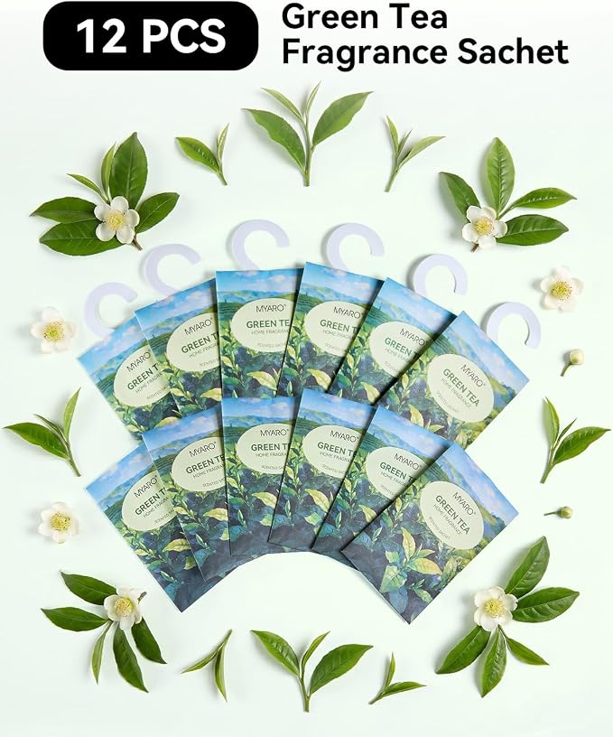 MYARO 12Pcs Green Tea Sachets Hanging Car Air Freshener, Closet Deodorizer | Long-Lasting Sachet Bags, Odor Eliminator for Closet, Drawer, Bathroom, Clothes, Fabric Refresher, Home Fragrance Gift Set