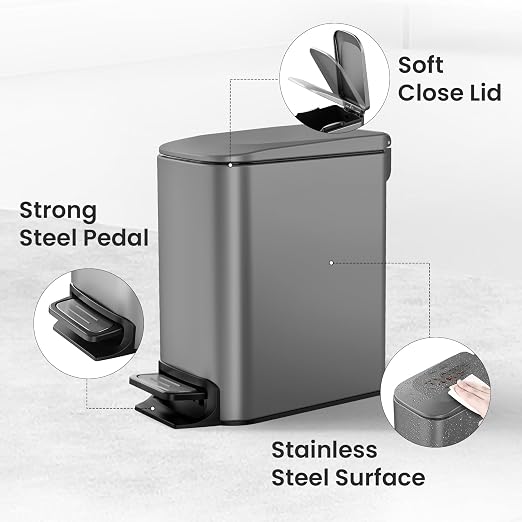 Cesun Small Bathroom Trash Can with Lid, 1.6 Gal, Soft Close, Gray | Step pedal soft close, Slim 5.9in fits narrow spaces, Stainless steel, Anti-fingerprint, Removable inner bucket, Odor seal