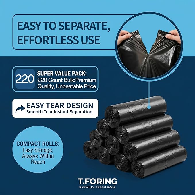 Small Trash Bags 4 Gallon Heavy Duty, 0.94 Mil, Black, 220 Count | 15 Liter Garbage Bag, Plastic Waste Basket Can Liners, Unscented, Leakproof, Tear Resistant, for Bathroom Office Car Bulk