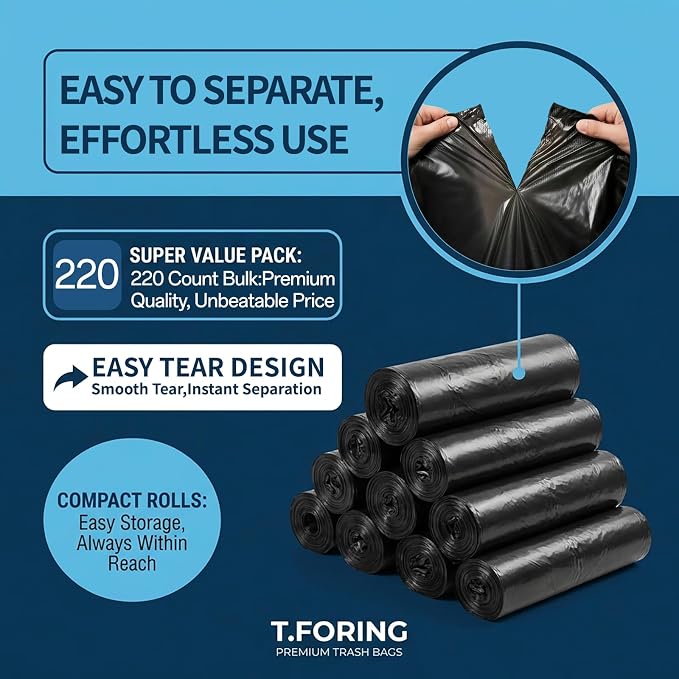Medium Trash Bags 8 Gallon Heavy Duty, 0.94 Mil, Black, 220 Count | 30 Liter Garbage Bag, Plastic Waste Basket Can Liners, Unscented, Leakproof, Tear Resistant, for Bathroom Office Kitchen Bulk