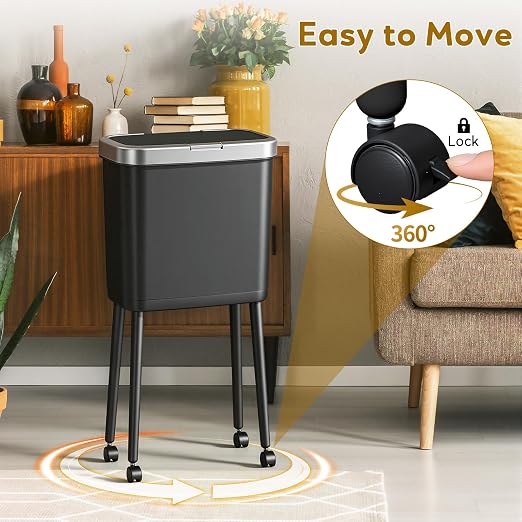 Procade Kitchen Garbage Can with Legs and Wheels,Narrow Rolling Trash Can | 4 Gallon Tall Skinny Wastebasket with Pop-Up Lid,Dog Proof Trash Bin,Black Plastic Garbage Bin for Near Desk,Bathroom,Bedroom