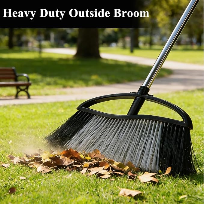 Outdoor Broom 15.7" Wide, Stiff Bristles & Long Handle for Yard | Adjustable 38-53.5" Handle, Wide Sweeping Broom Head, No-Bend Sweeping (Black)