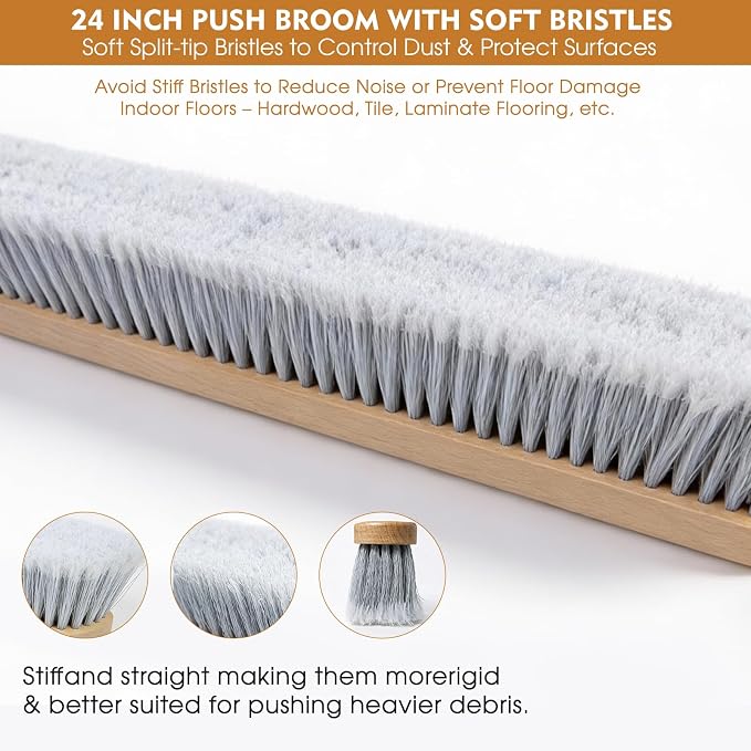 24-Inch Push Broom Set for Indoor & Outdoor Cleaning, Heavy Duty Sweeping Brooms with 61-Inch Solid Wood Handle, Soft & Stiff Bristle Combo for Garage, Shop, Patio & Home (2-Pack)