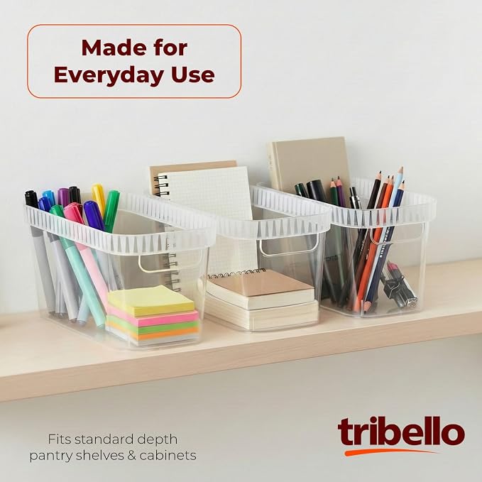 Tribello Modern Narrow Organizer Storage Bin, Slim Clear Plastic Household Storage Container for Kitchen Pantry storage, Under Sink Bin, Bathroom/Laundry Room - 6 Pack (Narrow - 15” X 6” X 6”)