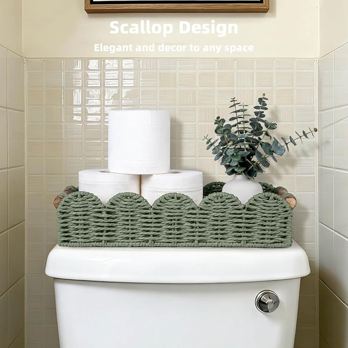 CubesLand Bathroom Basket Organizer, Toilet Decor Basket W/Cut Out Handle | Wicker Toilet Paper Storage Basket Tray, Scalloped Basket for Bathroom Countertop Decorative Also for Home Decor, Green
