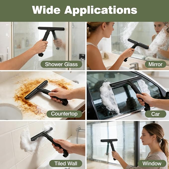 Roylvan Silicone Shower Squeegee for Glass Doors with Built-in Hook, Black | All-in-One Shower Squeegee with Ergonomic Grip, Household Window Mirror Cleaner for Bathroom Glass Kitchen Tile Wall Car