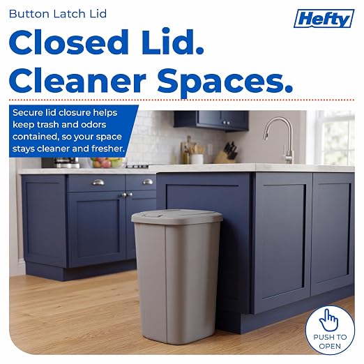Hefty 13.3 Gallon Trash Can with Lid, Plastic Garbage Can Touch Button, Kitchen Waste Basket for Home Office, Large Capacity Trash Bin, 4 Pack, Grey
