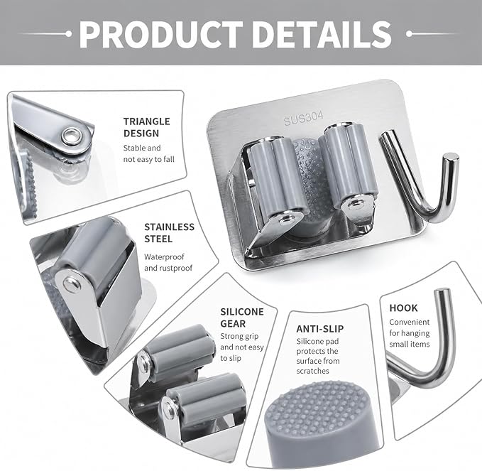 2 Pack Stainless Steel Broom Holder Wall Mount, Heavy Duty Mop Holder No Drill Adhesive, Tool Organizer with Hooks for Kitchen Bathroom Garage Garden (2, Silver)