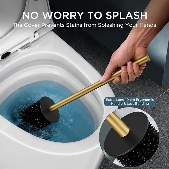 FORIOUS Stainless Steel Toilet Bowl Brush Scrubber and Holder Set Short | Gold, Extended Handle, Removable Inner Bowl, Stable Splash Guard, Steel Joint, Scratch‑Resistant Bristles, for Bathroom RV