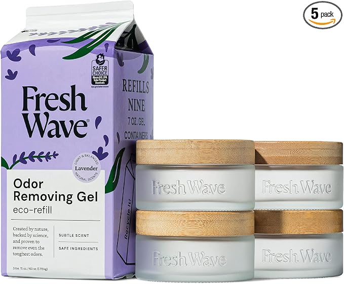 Fresh Wave Odor Removing Gel 4-Pack Glass Jar & 63oz Refill, Lavender | Refills 7oz gel up to 9 times or 15oz up to 4 times. Gel odor eliminator for bathroom, closet, or garage. No plug-in.