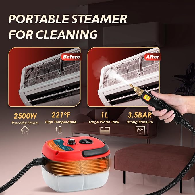 2500W Handheld Steam Cleaner, Pressurized Steam Cleaning Machine with 3 Brush Heads, 20s Heat Up, 1L Tank, Multipurpose Mini Portable Steamer for Tile, Grout, Furniture, Kitchen, Car, Home