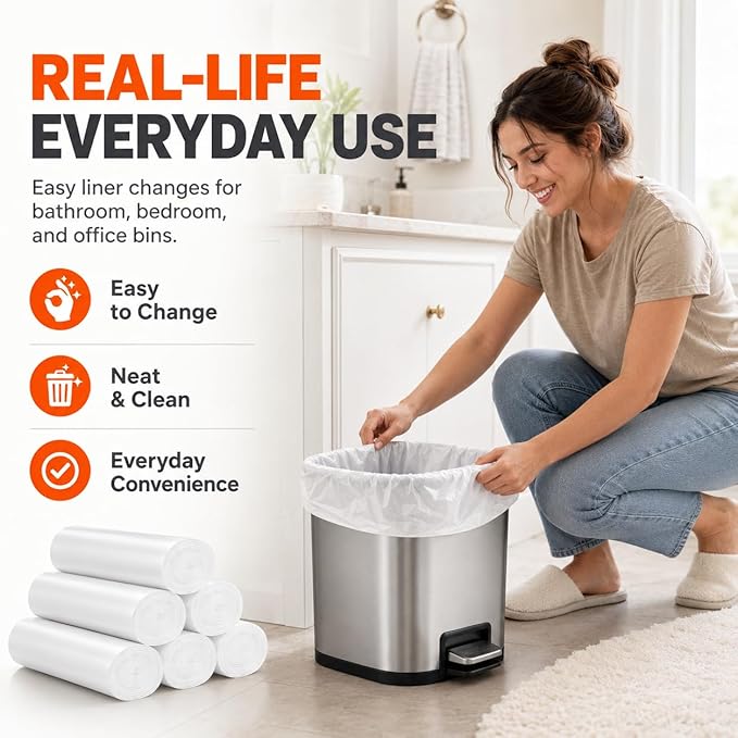 4 Gallon Trash Bags, 130 Count, Clear Small Bathroom Garbage Bags | Value pack Can Liners for waste baskets, 17.7 x 19.6 in, fits many 12–15 L / 3–4.5 gal small bins, Unscented