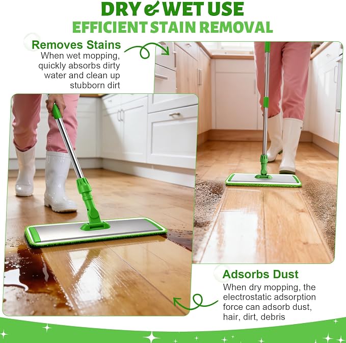 17.7" Microfiber Mop for Floor Cleaning, 360° Rotating Flat Mop with 4 Pads | ,59in Long Adjustable Stainless Steel Handle, 4 Washable Pads for Dry & Wet Cleaning for Hardwood, Vinyl, Laminate, Green