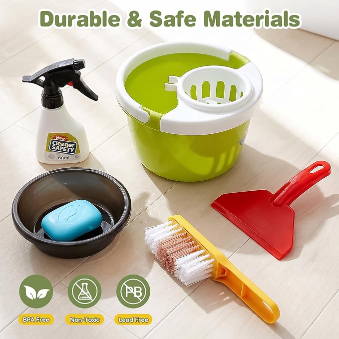 Dreamon Toddler Cleaning Set - 14Pcs Kids Cleaning Toy Set with Kids Vacuum | Red Pretend Home Cleaning Play Set for Toddler Age 3-7, Toddler Vacuum Toy that Works, Christmas Birthday Gift for Girls Boys