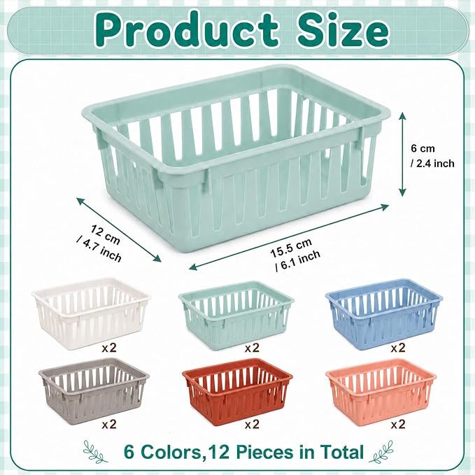 gisgfim 12 Pack Classroom Small Plastic Baskets for Organizing Mini Pencil Crayon Storage Bins Classroom Container Boxes for School Teacher Supplies Home Office Desk 6.1" L X 4.7" W X 2.4" H (Boho)