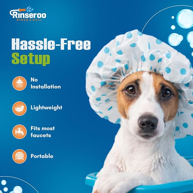 Rinseroo Slip-On Bathtub Faucet Sprayer Attachment, 5 Foot Hose | Ultra-Flex Dog Shower Hose Adapter, Portable with Sprayer Pet Showerhead, Attach Tub Spout, No Install for Speedy Washing