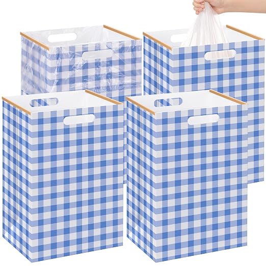 Hushee 4 Pcs 13 Gallon Blue Plaid Disposable Pop up Trash Cans for Parties | Cardboard Garbage Can with Handles, Trash Bags, Clip, Collapsible Trash Cans, Portable Gingham Trashs Bins for Event, Kitchen