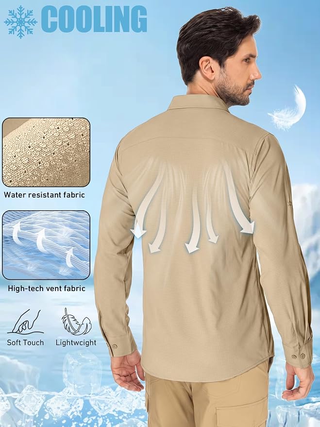 linlon Men's Safari Shirt UV Sun Protection Long Sleeve Hiking Travel | Button Down Mesh Back Vents UPF 50+ Quick Dry Breathable Cool Lightweight Outdoor Travel Fishing Gardening Clothes