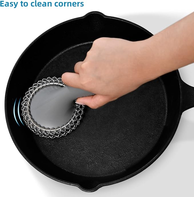 SUBEKYU Cast Iron Scrubber with Silicone Handle, Stainless Steel Cast Iron Skillet Cleaner Chainmail Scrubber for Pans, Grey