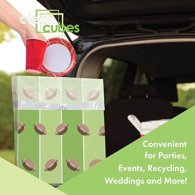 Clean Cubes 13 Gallon Disposable Pop-Up Trash Cans, 3-Pack (Tailgating) | Extra Trash Space for Parties and Events, No Assembly Required, Built-In Liner, Wire-Reinforced Opening Stays Fully Open