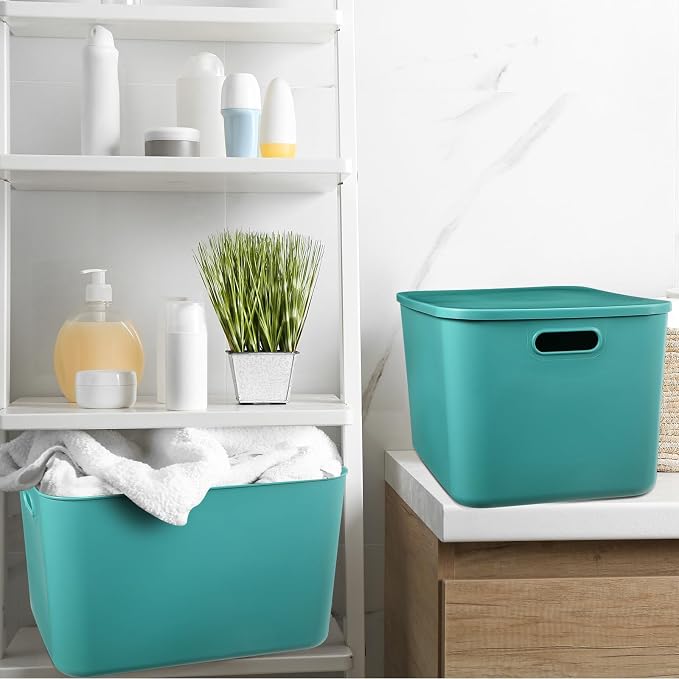 Hoolerry 8 Pack Storage Bins, 16.1 X 12.0 X 9.7 Inch Green | Plastic Stackable Containers with Lid Handle, For Shelves Desktop Playroom Office, Organizing Toys Books Supplies Storage