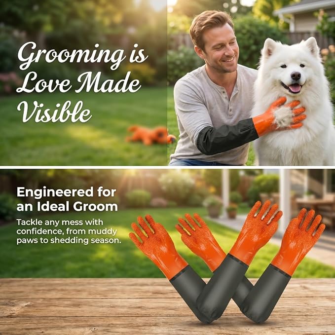 Dog Bathing Gloves, 27.6" Waterproof Extra Long Pet Washing Gloves 3 Pairs | Anti-Slip Grip, Full Arm Scratch Protection for Dog Cat Grooming, Bathing & Nail Trimming