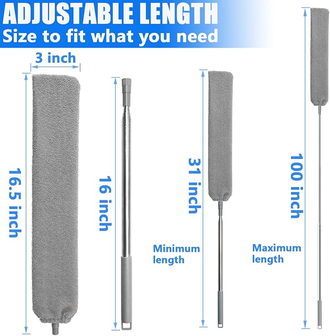 Retractable Gap Dust Cleaner Brush with 4 pcs Replacement Duster Cloth, 100 inches Extendable Pole, Flexible Microfiber Duster for Cleaning Under Refrigerator, Sofa,Couch Bed, Furniture