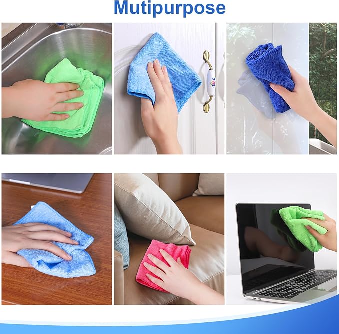 Microfiber Cleaning Cloth, 12Pcs, 12" x 12", High Density, 4 Colors | Household Cleaning Rags, 293GSM, Ultra Absorbent, Reusable Cleaning Supplies for Kitchen Towels, Glass Dish Cloths, Dust Rag