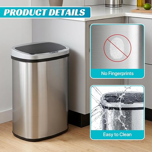 BLKMTY 13 Gallon Trash Can, Stainless Steel Garbage Can with Lid, Sliver | 50 Liters Kitchen Trash Bin, Touchfree Motion Sensor Garbage Bin, Tall Automatic, For Home Office Bathroom