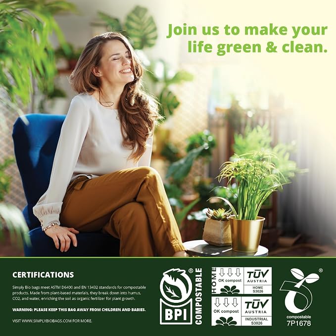 Simply Bio 1.6 Gallon Compostable Trash Bags Liners Handle, Heavy Duty Extra Thick 0.6 Mil, 6.06 Liter, 50 Bags, Small Kitchen Food Scrap Waste Bag, ASTM D6400, US BPI and OK Compost Home Certified