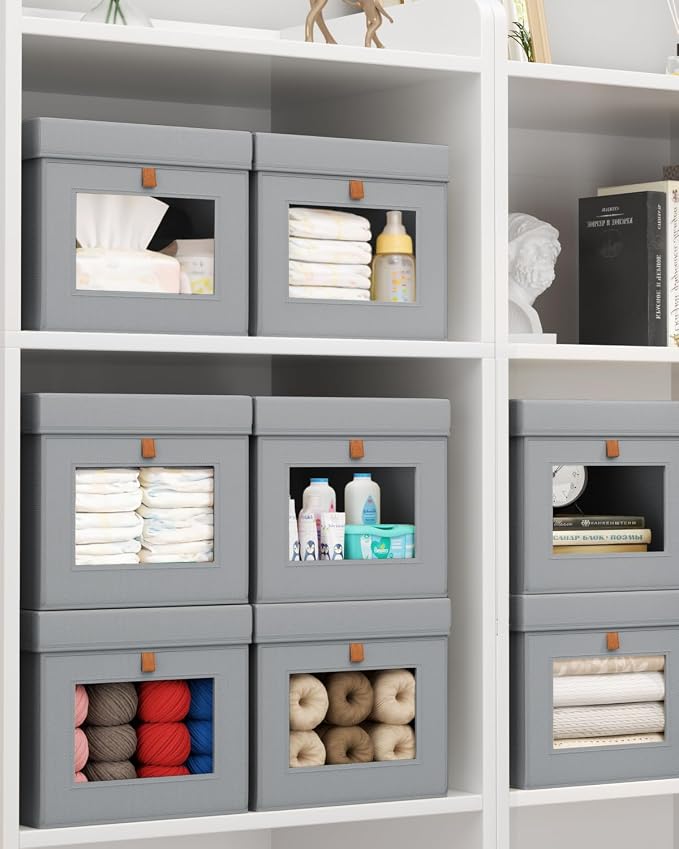 Storage Bins with Lid – Closet Organizer with Side Opening and Clear Window, Foldable Stackable Fabric Basket for Clothes, Home, Office - 13.77" x 11.8" x 9.8", 4 Pack, Grey