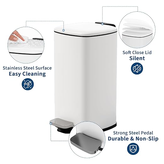 Garvee Bathroom Trash Can with Lid, 2.4 Gallon Slim Garbage Can, White | Step Pedal, Soft-close Lid, Rear Handle, Removable Plastic Inner Liner with Trash Bag Retainer Ring, for Kitchen, Office