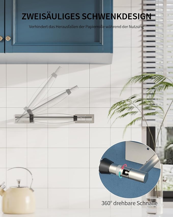 Paper Towel Holder Under Cabinet with Damping Single Hand Operable | 304 Stainless Steel Brushed Nickel Post Pivoting Design Wall Mounted & Self Adhesive, No Drilling Kitchen, Square Base