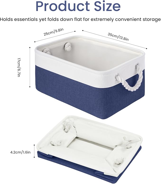 13.8x9.8x6.7 Inch Fabric Small Storage Bins with Handles 6 Pack | Foldable Storage Basket, Sturdy Metal Strand, Cardboard Support Molding, Small Baskets for Organizing, Shelves, White/Blue