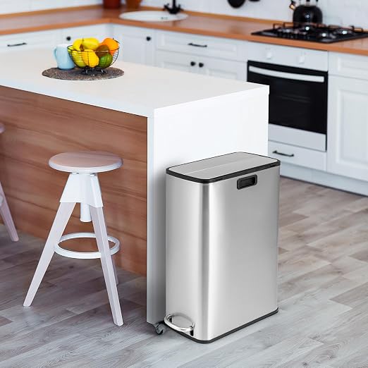 Goplus 12 Gallon Stainless Steel Trash Can, Kitchen Waste Bin with Soft-Closing Wing Lids & Removable Inner Bucket, Slim Step Garbage Can for Living Room Home Office, Silver