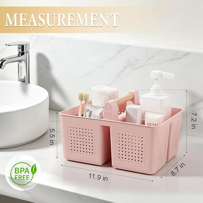 Portable Shower Caddy Basket Plastic Caddy Organizer with Handle Pink | Sturdy Drainage Large Capacity Cleaning Supplies Caddy Tool Storage for Bathroom Kitchen Bedroom College Dorm Essentials