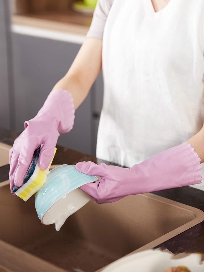 LANON 3 Pairs wahoo Cleaning Gloves, Cotton Flocked Liner, Mauve Mist,Large | Skin-Friendly, Dish Washing, Reusable, Latex Free, DEHP-Free, Non-Slip, Dishwashing Household Kitchen Gloves