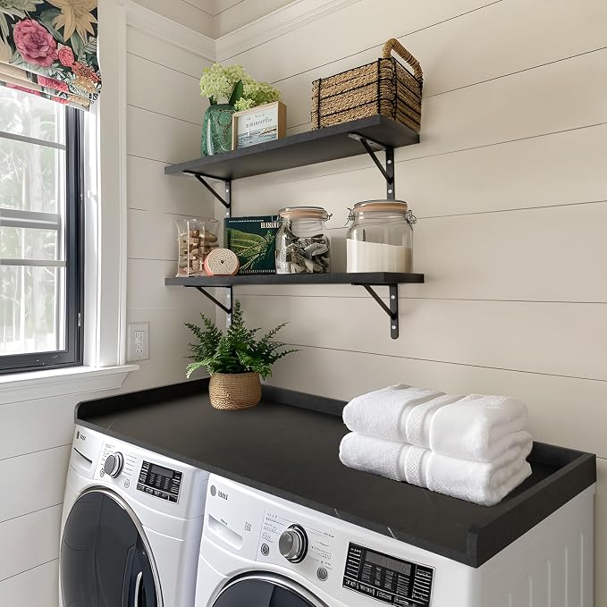 Washer Dryer Countertop, Melamine Countertop with Edge Rails - 27.5" Depth x 54" Width Laundry Room Organization, Cloud Atlas/Black Marble Pattern