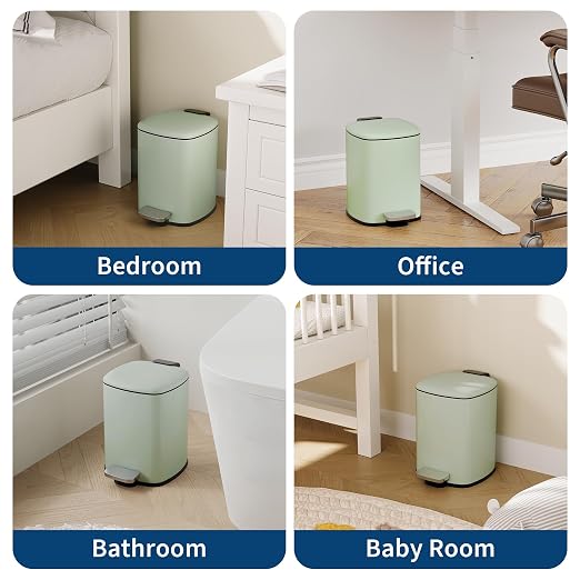 Garvee Bathroom Trash Can with Lid, 1.6 Gallon Small Garbage Can, Green | Step Pedal, Soft-close Lid, Rear Handle, Removable Plastic Inner Liner with Trash Bag Retainer Ring, for Kitchen, Office