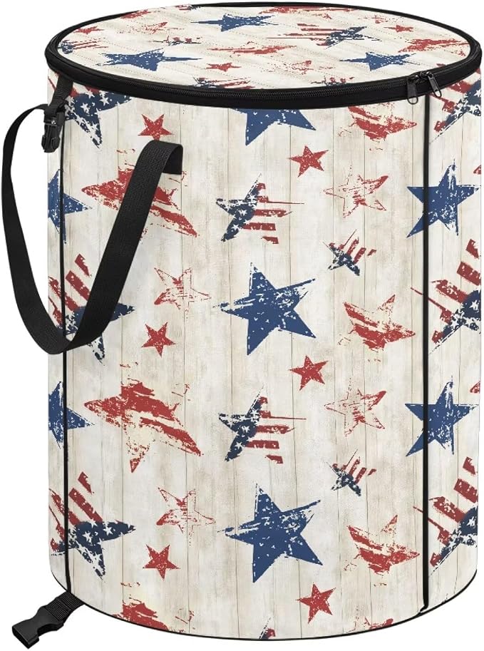 Collapsible Garden Leaf Bin Reusable Container Bag 24 Gallon Large Capacity Foldable Trash Can with Lid and Handle for Camping Outdoor Picnics, American Flag Print