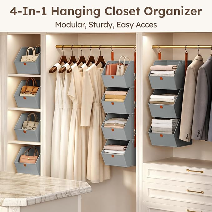 Hanging Closet Organizer 4 Tier - Clothes Hanging Shelves, Space-Saving Closet System, Fabric Storage Bins Bedroom Organization, Collapsible Baskets for Home, Dorm, Rv, Grey