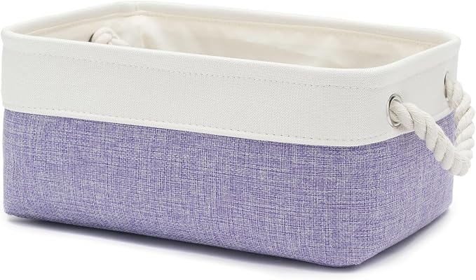 11.8x7.9x5.2 Inch Fabric Small Storage Bins with Handles 1 Pack | Foldable Storage Basket, Sturdy Metal Strand, Cardboard Support Molding, Small Baskets for Organizing, Shelves, White/Purple