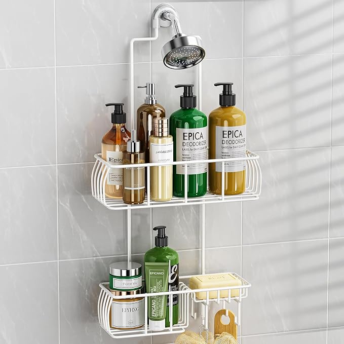 Epicano Shower Caddy Hanging Over Head, White,Stainless Steel | Rustproof,4 Hooks for Towels,Sponge and & Bathroom Accessories,Anti-Swing Suction Cups & Adhesive hooks