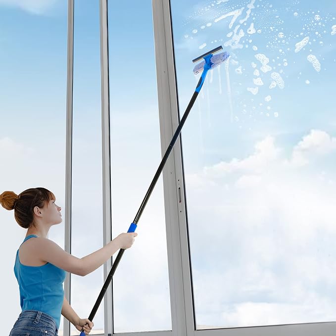 VITEVER Professional 69'' Window Squeegee Cleaner Tool with Extension Pole, 2-in-1 Squeegee for Window Cleaning Kit with Scrubber and Rotating Head, 1 Blade 2 Scrubber (Pack of 2)